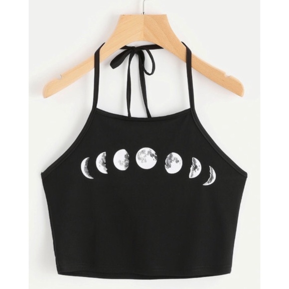 Boutique Tops - NWOT | Moon Phases Black Halter Crop Top M-L